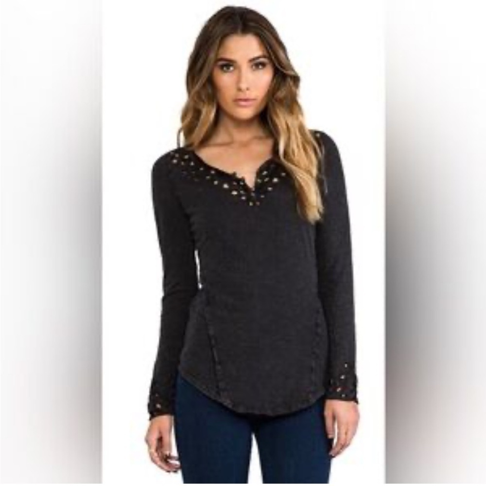 Free People Luna Long Sleeve Henley Shirt Boho Cut-Out Top Distressed Black Gray - Picture 12 of 14